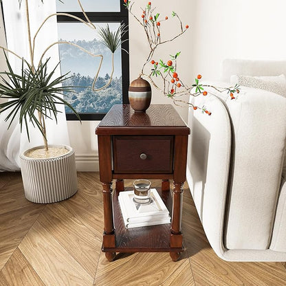 LEEMTORIG Narrow Nightstand with Drawer, No-Tools Assembly Wood End Tables Living Room Side Tables Bedroom, Mid-Century Modern 13"W Slim Narrow Bedside Table, 22"D x 22.3"H, Cherry Brown BBJ-004-DWA
