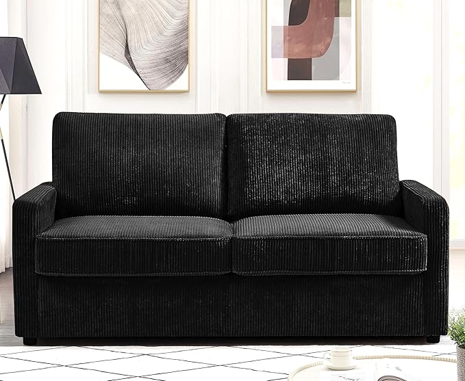 Reversible Sleeper Sofa Bed with Comfortable Memory Foam Mattress, Convertible Corduroy Full Size Pull Out Couch for Living Room, Space Saving Furniture, 70" Wide, Rectangular Arms, Black