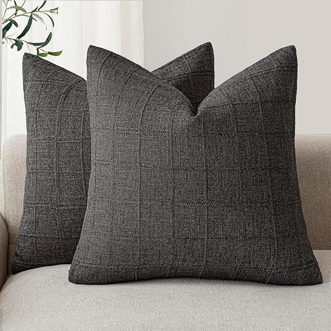 Foindtower Set of 2 Decorative Linen Check Throw Pillow Covers Neutral Farmhouse Vintage Cushion Covers Modern Boho Home Decor for Sofa Chair Couch Bedroom Living Room Outdoor,24×24 Inch,Charcoal