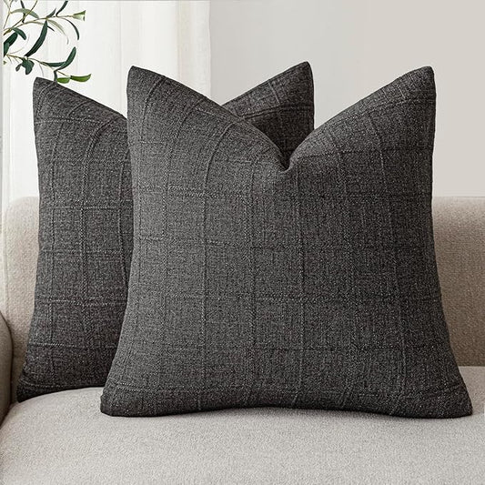 Foindtower Set of 2 Decorative Linen Check Throw Pillow Covers Neutral Farmhouse Vintage Cushion Covers Modern Boho Home Decor for Sofa Chair Couch Bedroom Living Room Outdoor,20×20 Inch,Charcoal