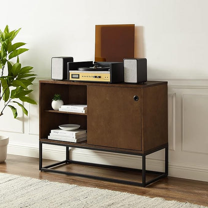 Crosley Furniture Byron Media Console and Record Player Stand with Storage for Vinyl Records, Brown/Black
