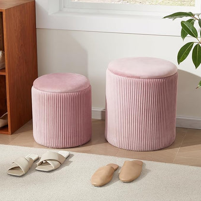 Round Ottoman with Storage Set of 2,Vanity Stool with Storage for Bedroom, Ottoman Coffee Table,Small Velvet Foot Stool for Living Room, Pink