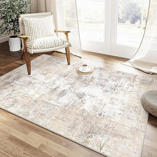 4x5 Washable Area Rug Beige Grey Neutral Abstract Entryway Kitchen Non Slip Low Pile Throw Rug Living Room Bedroom Indoor Doormat Soft Carpet for Entrance Bathroom Office
