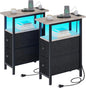 End Table Set 2 with Charging Station, Narrow Side Table with 2 Fabric Drawers, Skinny Nightstand with LED Light, Slim Bedside Table for Bedroom, Living Room, Small Spaces, Greige and Black