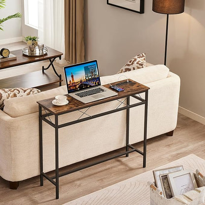 VECELO 39.4In Narrow Sofa/Console Table with Charging Station & Power Outlet and USB Ports, for Entryway, Living Room, Office, Industrial, Metal Frame, Brown