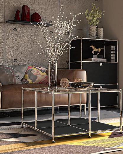 Matte Coffee Table with Open Storage, Square Tempered Glass Storage Rolling Coffee Table, Modern Design for Living Room, Meeting Room (Black)