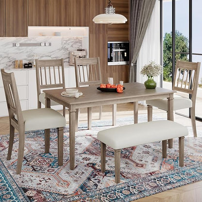 Merax 6-Piece Retro Dining Table Set, 6 Seats Wooden Rectangular Table, with 4 Chairs & 1 Bench for Kitchen Room, Classic Furniture, Brown