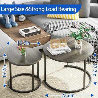 Garden 4 you Nesting Coffee Table, 23.6" Round Coffee Table Set of 2, Wooden Nesting Table Set with Metal Frame, Side Tables for Living Room Bedroom Balcony, Grey