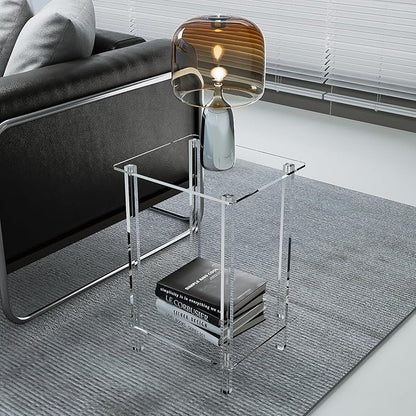 Eglaf Acrylic Small Side Table with Square Leg - 13.4'' L x 11.5'' W x 19.6'' H - Small Nightstand Bedside Table 2-Tier Clear End Table for Living Room, Bedroom
