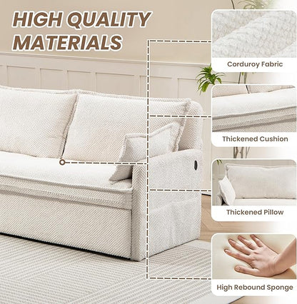 Furnimart 59.5" Queen Size Pull Out Sofa Bed, 3 in 1 Convertible Sleeper Bed with USB/C-Type Charging Ports & Side Pockets, Modern Futon Couch for Living Room, Apartment, RV, Corduroy White