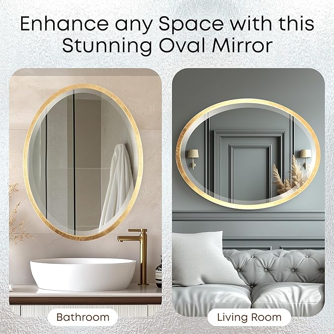 OVALCREST - Oval Wooden Beveled Wall Mirror for Home Decor, Bathroom, Vanity, Bedroom, Living Room, Hallway - London Style (Gold Leaf) 31.1 x 41.1
