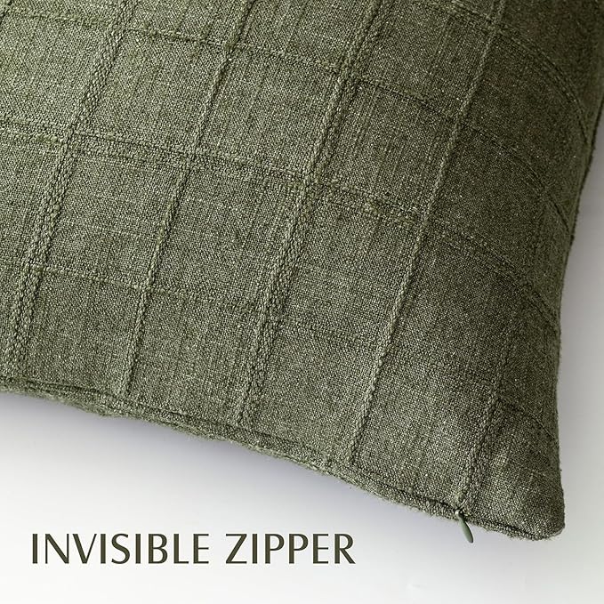 Foindtower Set of 2 Decorative Linen Check Throw Pillow Covers Neutral Farmhouse Vintage Cushion Covers Modern Boho Home Decor for Sofa Chair Couch Bedroom Living Room Outdoor,24×24 Inch,Olive Green