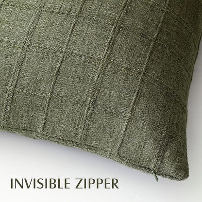 Foindtower Set of 2 Decorative Linen Check Throw Pillow Covers Neutral Farmhouse Vintage Cushion Covers Modern Boho Home Decor for Sofa Chair Couch Bedroom Living Room Outdoor,22×22 Inch,Olive Green