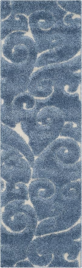 SAFAVIEH Florida Shag Collection Runner Rug - 2'3" x 9', Light Blue & Cream, Scroll Design, Non-Shedding & Easy Care, 1.2-inch Thick Ideal for High Traffic Areas in Living Room, Bedroom (SG455-6011)