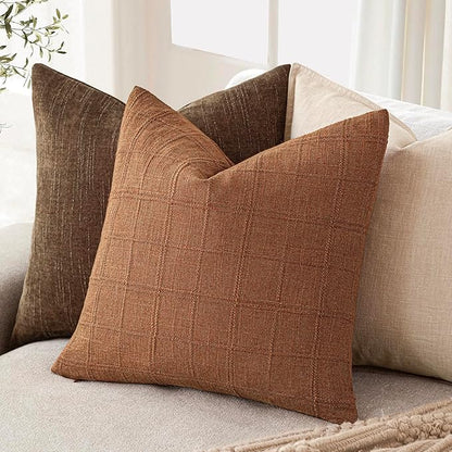Foindtower Set of 2 Decorative Linen Check Throw Pillow Covers Neutral Farmhouse Vintage Cushion Covers Modern Boho Home Decor for Sofa Chair Couch Bedroom Living Room Outdoor,16×16 Inch,Orange