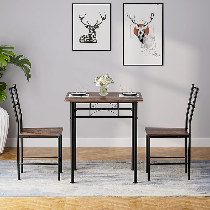 JOIN IRON 3-Piece Kitchen Dining Room Table Set for Small Spaces，Iron Wood Square Table with 2 Chairs for Kitchen Dining Room Furniture
