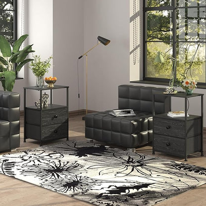Tohomeor End Table with Charging Station, LED Light, Fabric Drawers, and USB Ports - Charcoal