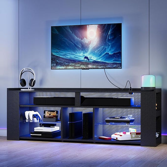 IRONCK Entertainment Center with Storage, 70.9 Inch Tall TV Stand W/Power Outlet, LED Gaming TV Cabinet for PS4, Black TV Stand with Carbon Fiber