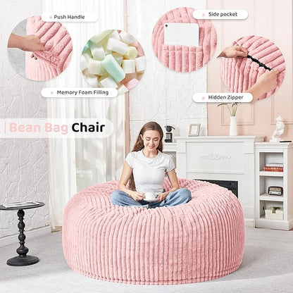 HABUTWAY 4FT Bean Bag Chair, 4' Large Bean Bag Chairs for Adults with Removable Stripe Plush Cover, Memory Foam Beanbag Chair for Living Room Bedroom Dorm (Tender Pink)