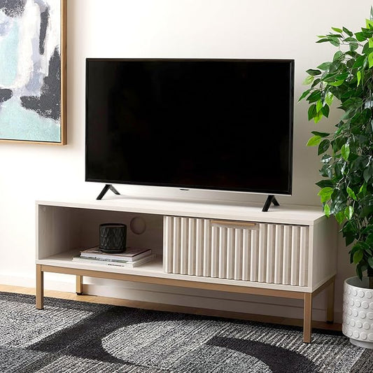 SAFAVIEH Lylia TV Stand for up to 55" Flatscreen – White with Gold Legs & Handle, 1 Sliding Door, 1 Open Shelf, Entertainment Media Console (MED9617C)
