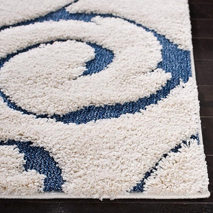 SAFAVIEH Florida Shag Collection Runner Rug - 2'3" x 7', Cream & Blue, Scroll Design, Non-Shedding & Easy Care, 1.2-inch Thick Ideal for High Traffic Areas in Living Room, Bedroom (SG455-1165)