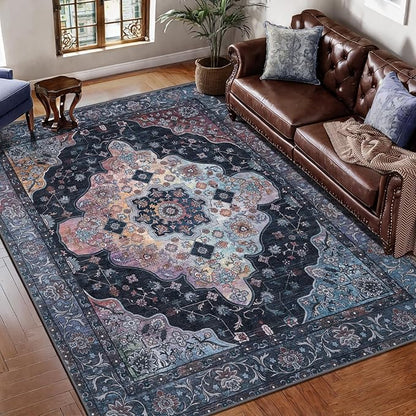 Tangsoo 3x5 Rug, Washable Vintage Rugs Indoor Area Rug, Non Slip Accent Rug, Print Distressed Taupe Carpet, Soft Low Pile Rug for Living Room Dorm Bedroom Bedside Entryway Bathroom