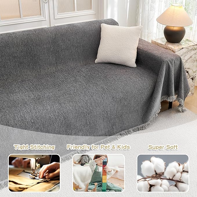 MYSKY HOME Couch Cover for Dogs, Washable Couch Covers, Non Slip Couch Sofa Cover, Couch Cover 2 Cushion Sofa Dogs Furniture Protector with Tassels Chenille Sofa Covers for Pets, 71"x118", Dark Grey