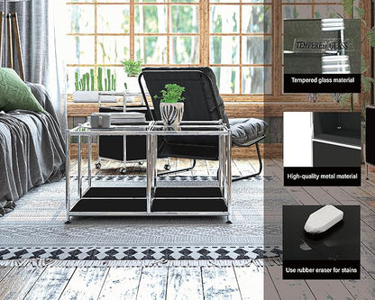 Matte Coffee Table with Open Storage, Square Tempered Glass Storage Rolling Coffee Table, Modern Design for Living Room, Meeting Room (Black)