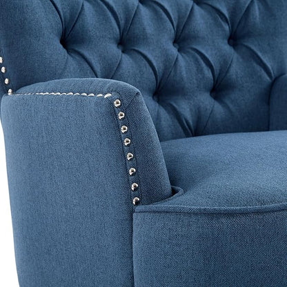 Ball & Cast Accent Chair,Mid-Century Lounge Living Room Chairs with Button Tufting,Upholstered Reading Accent Chair W/Solid Wood Legs and Curved Backrest,for Bedroom,Apartment,Navy Blue