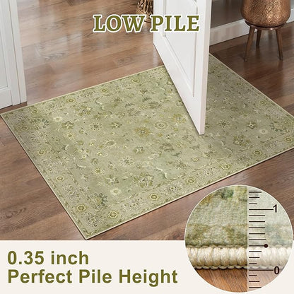 Tangsoo 2x6 Washable Runner Rug for Hallways, Non Slip Floral Vintage Runner, Soft Low Pile Long Rug, Print Distressed Flaxen Green Carpet Runners for Kitchen Bedroom Entryway Living Room