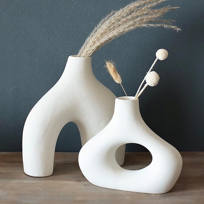 Carrot's Den Donut Vase, Set of 2 - White Large Ceramic Vase - Minimalist Nordic, Hollow | Table Centerpiece, Olive Plant, Wedding, Living Room, Bookshelf, Office, Modern Home, Entryway, Console