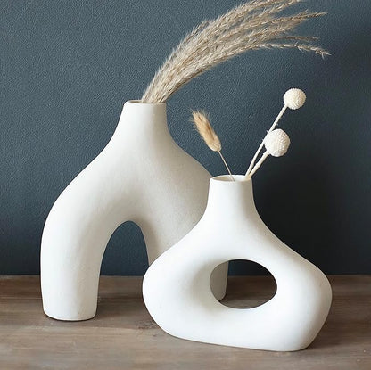 Carrot's Den Donut Vase, Set of 2 - White Large Ceramic Vase - Minimalist Nordic, Hollow | Table Centerpiece, Olive Plant, Wedding, Living Room, Bookshelf, Office, Modern Home, Entryway, Console