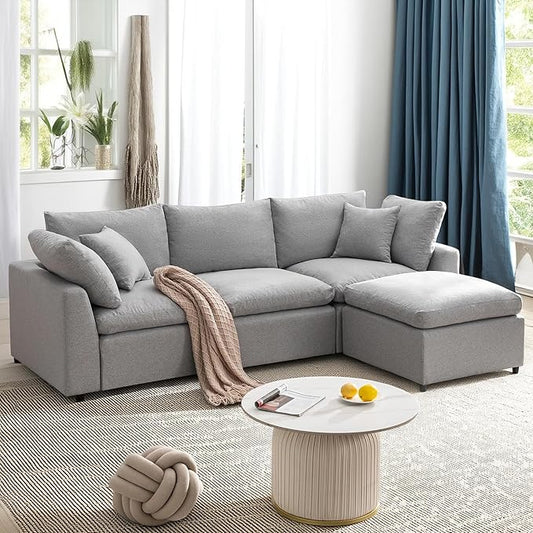 104.3 Inch L-Shaped Modular Sectional Sofa with Reversible Chaise and Pillows, Down Filled Upholstered Convertible Corner Couch for Living Room, Bedroom, Office, Apartment, Light Gray