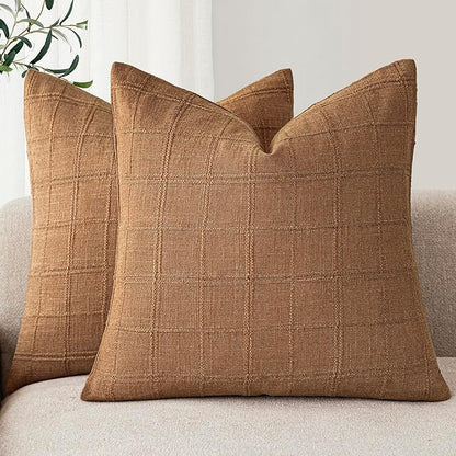 Foindtower Set of 2 Decorative Linen Check Throw Pillow Covers Neutral Farmhouse Vintage Cushion Covers Modern Boho Home Decor for Sofa Chair Couch Bedroom Living Room Outdoor,18×18 Inch,Brick