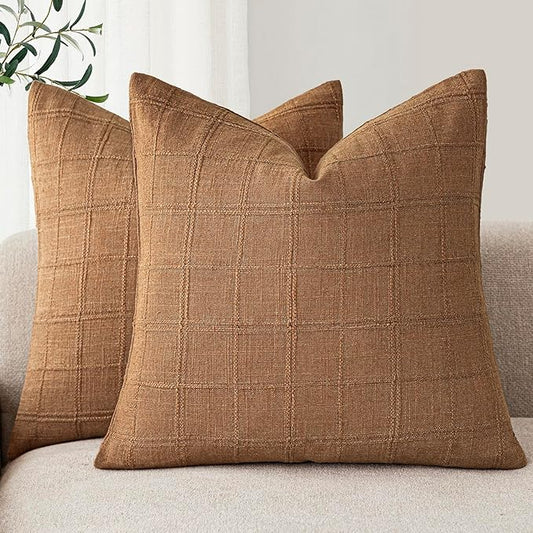 Foindtower Set of 2 Decorative Linen Check Throw Pillow Covers Neutral Farmhouse Vintage Cushion Covers Modern Boho Home Decor for Sofa Chair Couch Bedroom Living Room Outdoor,18×18 Inch,Brick