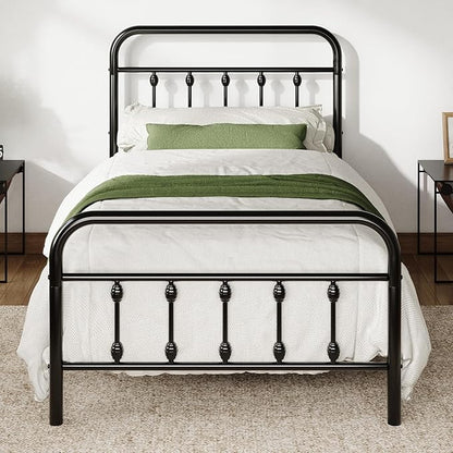 Allewie 14 Inches Twin Size Metal Platform Bed Frame with Victorian Style Iron-Art Headboard/Footboard, Mattress Foundation, Easy Assembly, Under Bed Storage, No Box Spring Required, Black