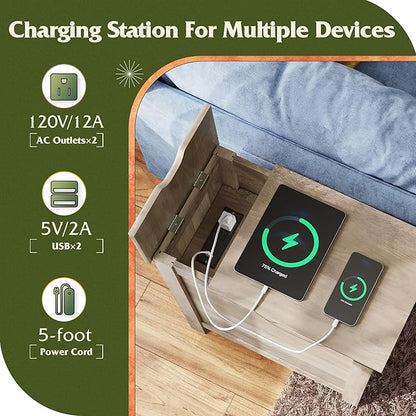WLIVE Farmhouse End Table with Charging Station, Narrow Side Table for Living Room, Bedroom, Small Nightstand with Storage, USB Ports and Outlets, Small Wooden Cabinet, Greige