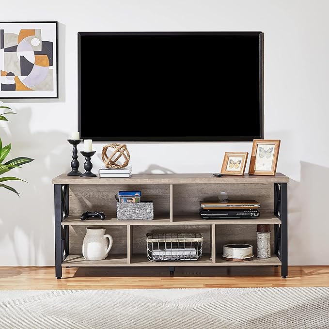 Yaheetech TV Stand for TVs up to 65 Inch, Industrial Entertainment Center with Storage Compartments, Media TV Console for Living Room, Gray
