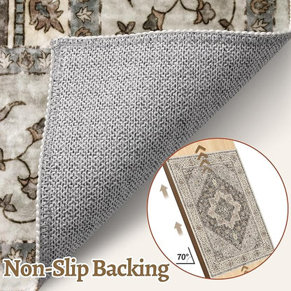 Tangsoo 2.6x8 Washable Runner Rug for Hallways, Non Slip Vintage, Soft Low Pile Long Runner, Print Distressed Brown/Grey Carpet Runners for Kitchen Bedroom Entryway Bathroom Living Room