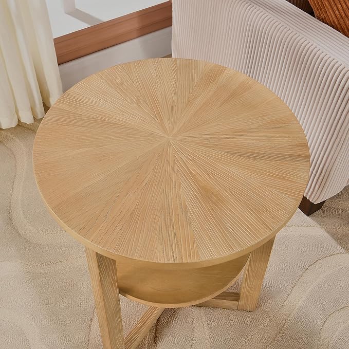 MODERION Round End Table, Rustic Side Tables with Storage Shelf, Classic Circular Solid Wood Beside Table-, 2-Tier Telephone Tables-, Nightstand, 24”H x 19.3”D for Living Room Wood Natural BZ3338OA