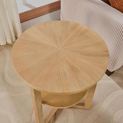 MODERION Round End Table, Rustic Side Tables with Storage Shelf, Classic Circular Solid Wood Beside Table-, 2-Tier Telephone Tables-, Nightstand, 24”H x 19.3”D for Living Room Wood Natural BZ3338OA