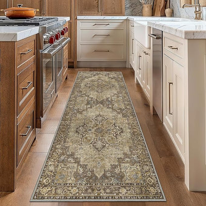 GENIMO 2x8 Runner Rugs for Hallway, Machine Washable Non Slip Vintage Rugs, Low Pile Lightweight Soft Print Rug for enrtyway, Corridor, Home Office, Kitchen, Rustic Brown