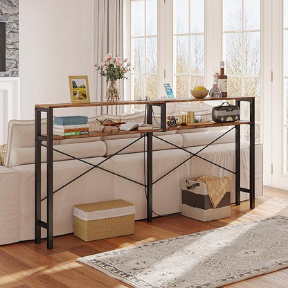 IRONCK Console Table with Power Outlet, Long Sofa Table with Shelves and X-Shaped Design, Narrow Sofa Entryway Behind Couch Table for Living Room and Hallway, Vintage Brown
