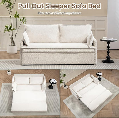 Furnimart 59.5" Queen Size Pull Out Sofa Bed, 3 in 1 Convertible Sleeper Bed with USB/C-Type Charging Ports & Side Pockets, Modern Futon Couch for Living Room, Apartment, RV, Corduroy White