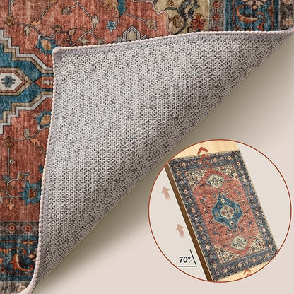 Tangsoo 2x6 Washable Runner Rug for Hallways, Non Slip Vintage Runner Rug, Soft Low Pile Long Rug Runner, Print Distressed Carpet Runners for Kitchen Bedroom Entryway Bathroom Living Room Terracotta