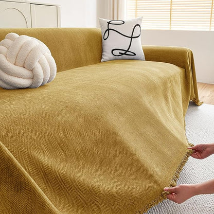 hyha Couch Cover for Dogs, Boho Sofa Covers for 3 Cushion Couch Washable, Chenille Sofa Slipcover for Pets, Soft Loveseat Sectional Couch Throw Blankets with Tassels (Yellow, 88.5x134 Inch)