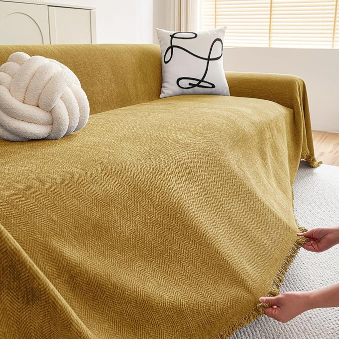 hyha Couch Cover for Dogs, Boho Sofa Covers for 3 Cushion Couch Washable, Chenille Sofa Slipcover for Pets, Soft Loveseat Sectional Couch Throw Blankets with Tassels (Yellow, 71x150 Inch)