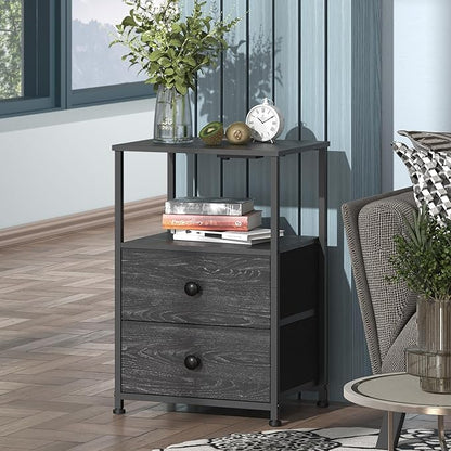 Tohomeor End Table with Charging Station, LED Light, Fabric Drawers, and USB Ports - Charcoal