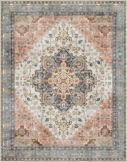 GENIMO 8x10 Area Rugs for Living Room, Machine Washable Non Slip Vintage Retro Rugs, Low Pile Lightweight Chenille Print Rug for Bedroom, Dining Room, Home Office, Blue Brick Red
