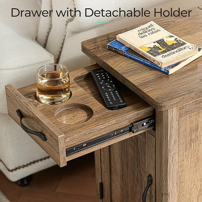 LINSY HOME End Table Set of 2 with Charging Station, Modern Farmhouse Sofa Couch Side Table, Wooden Bedside Table for Living Room Bedroom, Narrow Nightstand with Storage for Small Space, Brown